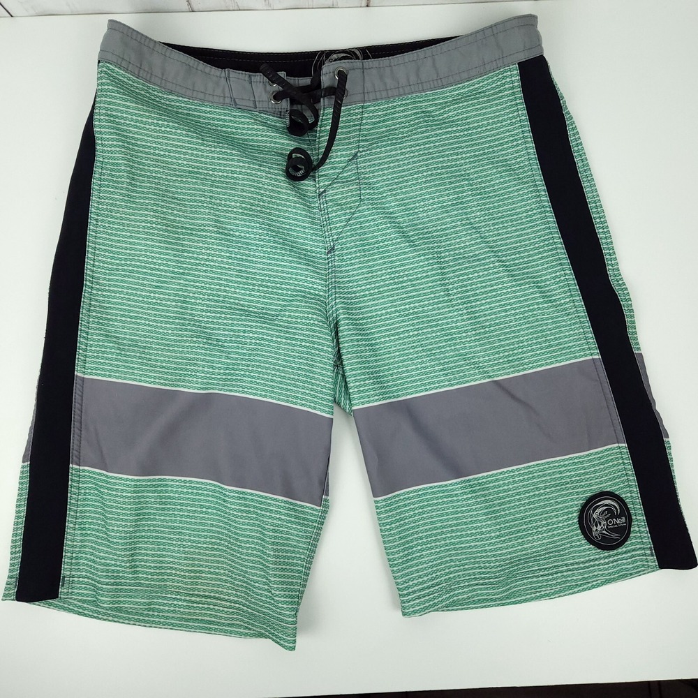 O'Neill Mens Swim Shorts Board Shorts 30 Green Striped Stretch Unlined
